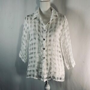 Purple Lino White Sheer Burnout Grid Button Down Shirt 3/4 Sleeve